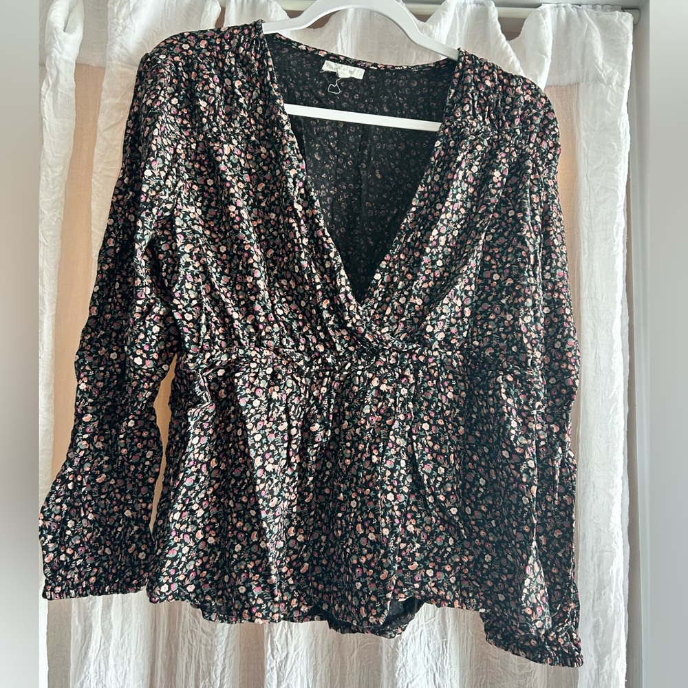 Maurices Black Floral Faux Wrap Blouse